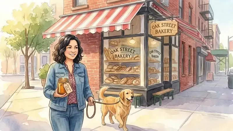 Ilustración en acuarela de una mujer paseando a su perro, hecha con el video narrado