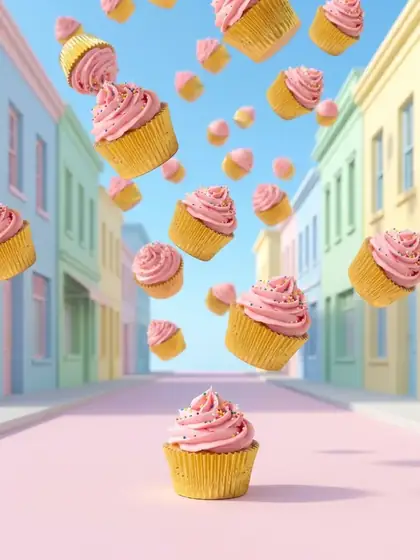 Cupcakes rosados que caen sobre una calle de colores