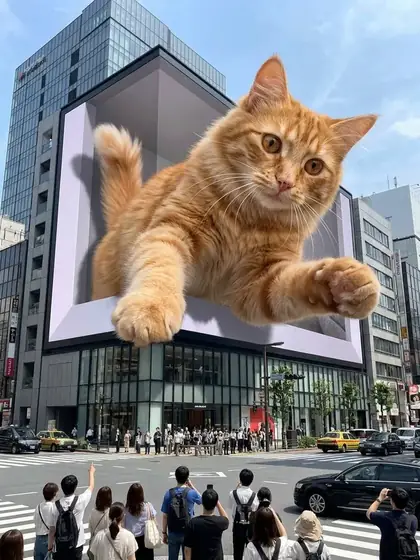 Un gato gigante sale de una pantalla 3D en la ciudad