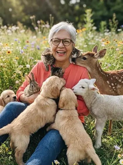 Una mujer sonríe rodeada de cachorros y animalitos