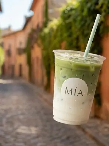 Vaso de matcha de una marca en una calle empedrada