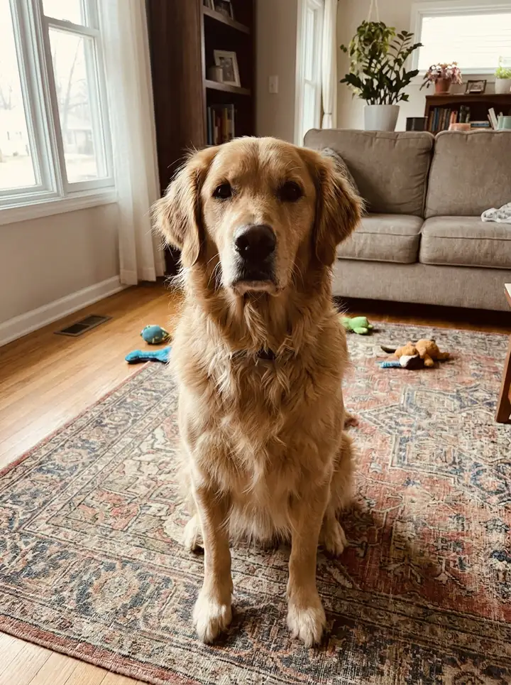 Foto original de un golden retriever en la sala